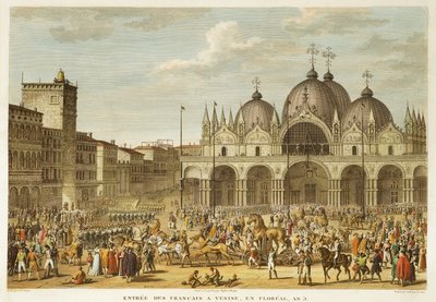 Der Einzug der Franzosen in Venedig und der Diebstahl der Pferde von San Marco, in Floreal, Jahr 5 (Mai 1797), graviert von Jean Duplessi-Bertaux (1747-1819) von Antoine Charles Horace Vernet